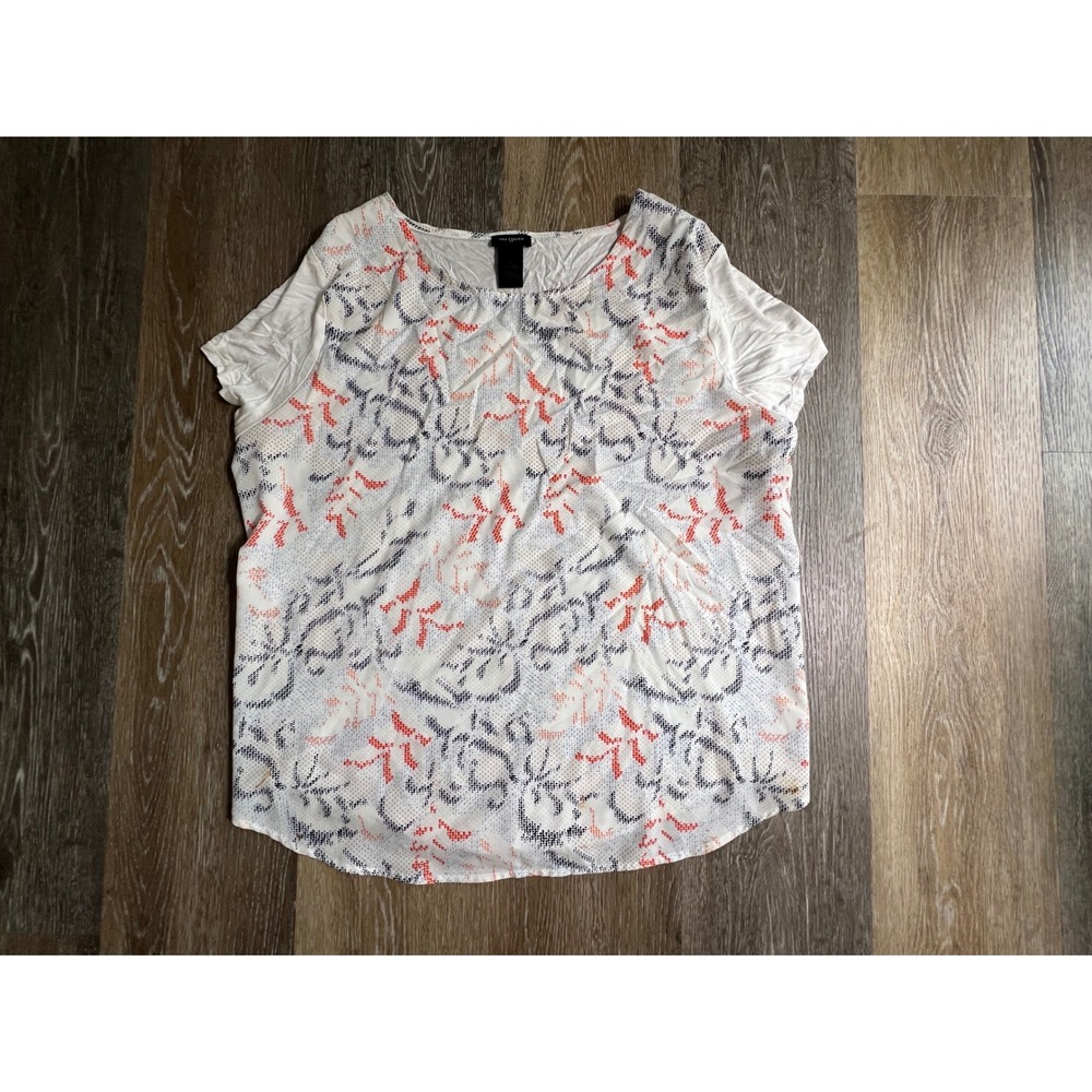Ann Taylor Top Womens XL White Mixed Media Abstract Short Sleeve Scoop Neck